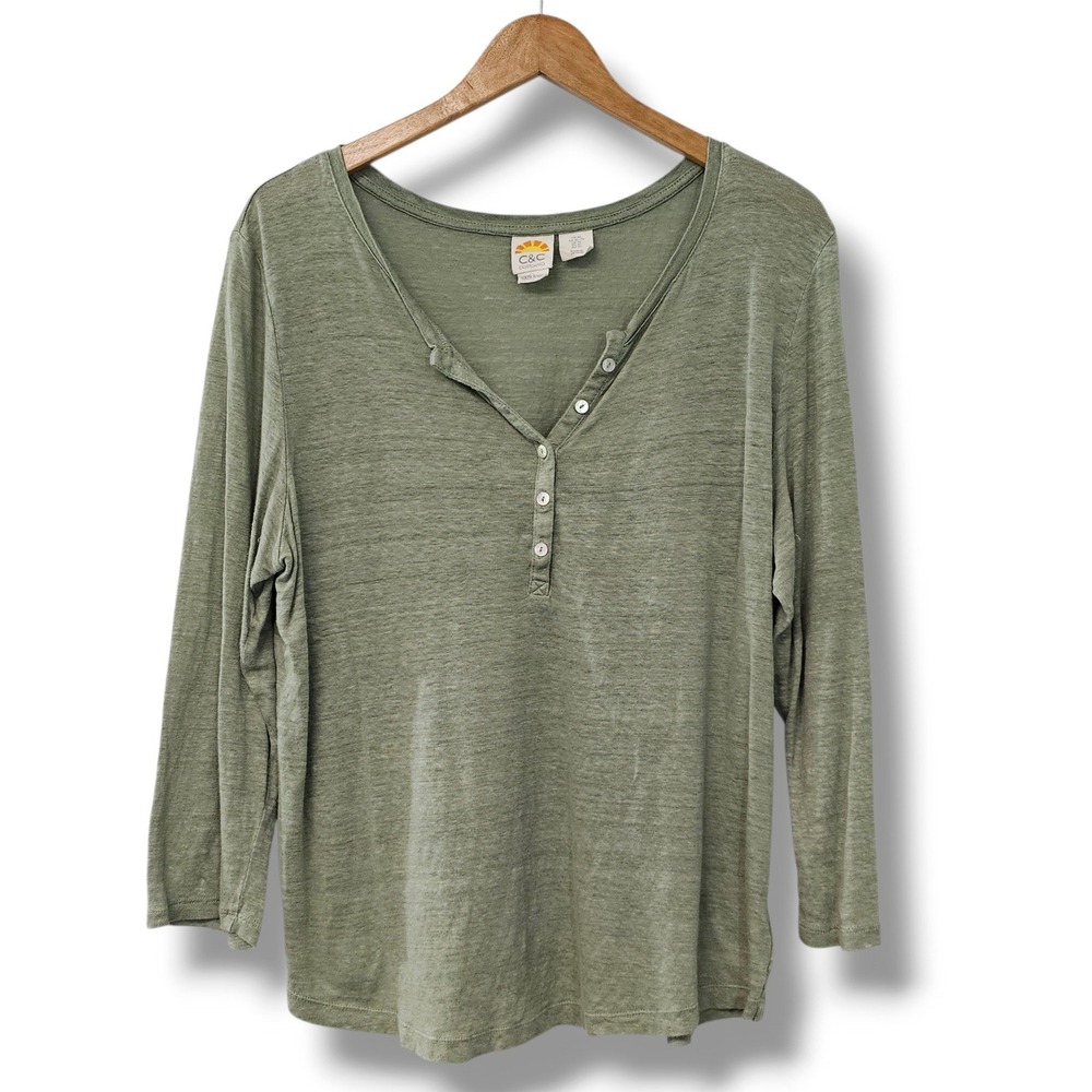 C&C California Linen Henley Top XL Women Sage Green Long Sleeve Coastal Natural